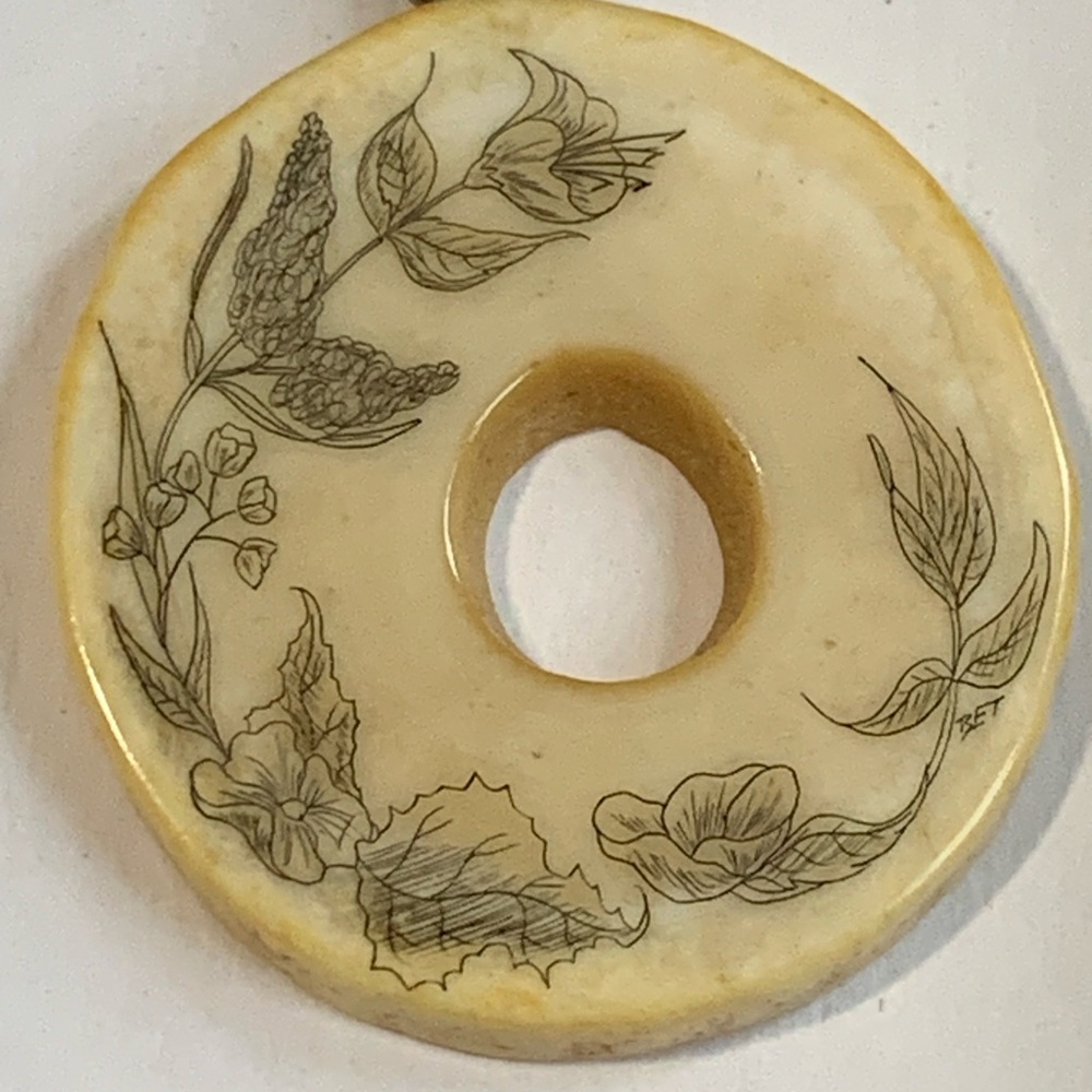 Vintage Signed Scrimshaw-Style Floral Pendant